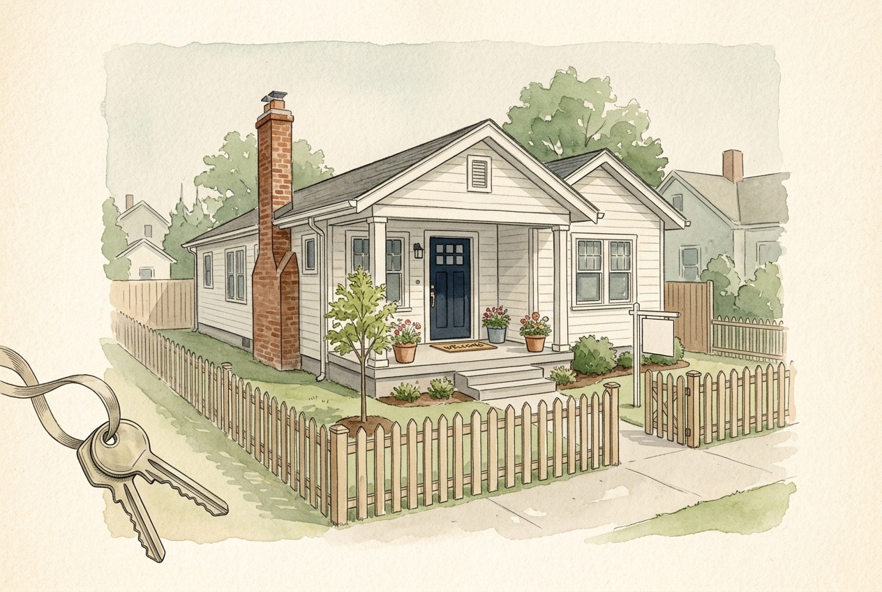 Watercolor illustration of a small starter cottage with a new sapling and keys in the foreground