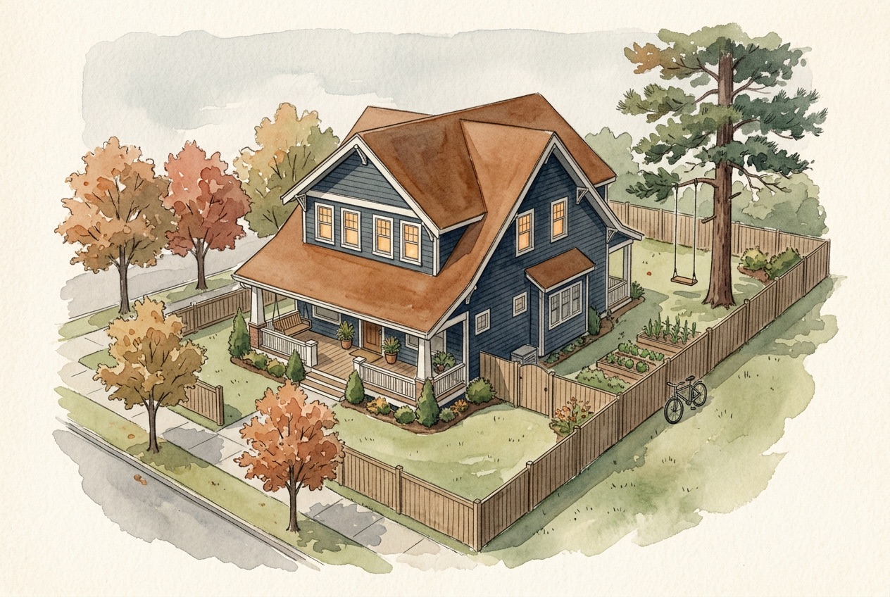 Watercolor illustration of a two-story family home with a swing in the backyard