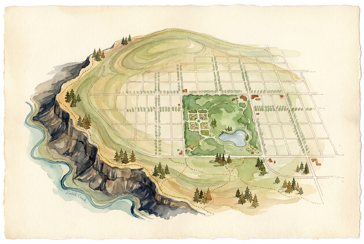 Watercolor map illustration of Spokane's South Hill — Manito Park, the High Drive bluff over Latah Creek, and the tree-lined street grid